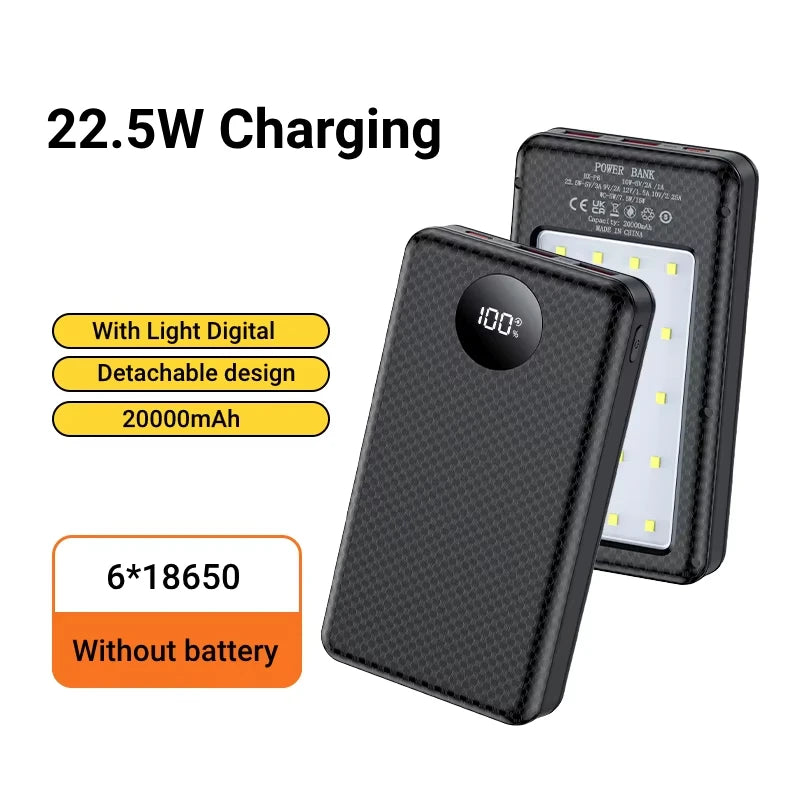 18650 Battery Holder 22.5W Fast Charging DIY Mobile Power Case Dual USB Type C Charge for iPhone Xiaomi With LED Light Outdoor