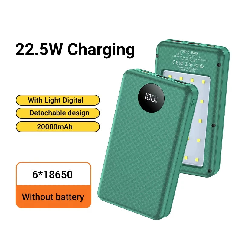 18650 Battery Holder 22.5W Fast Charging DIY Mobile Power Case Dual USB Type C Charge for iPhone Xiaomi With LED Light Outdoor