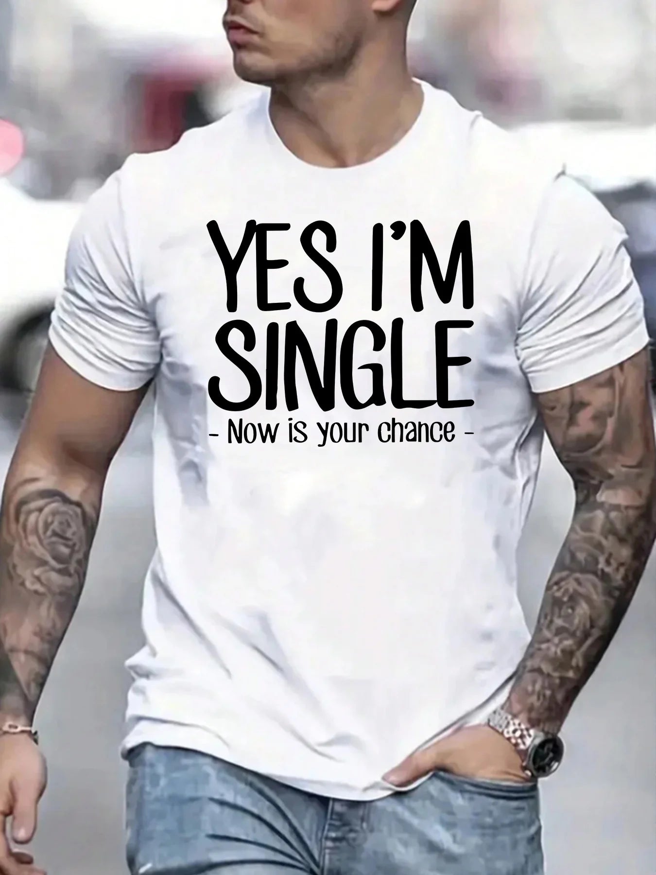[Summer Tee] Polyester Men's White T-Shirt | "Yes, I'm Single - Now is Your Chance" Tattooed Arms Design