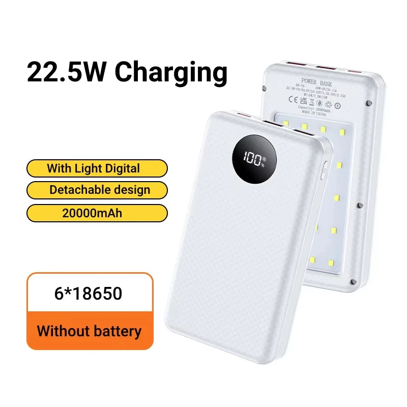 18650 Battery Holder 22.5W Fast Charging DIY Mobile Power Case Dual USB Type C Charge for iPhone Xiaomi With LED Light Outdoor