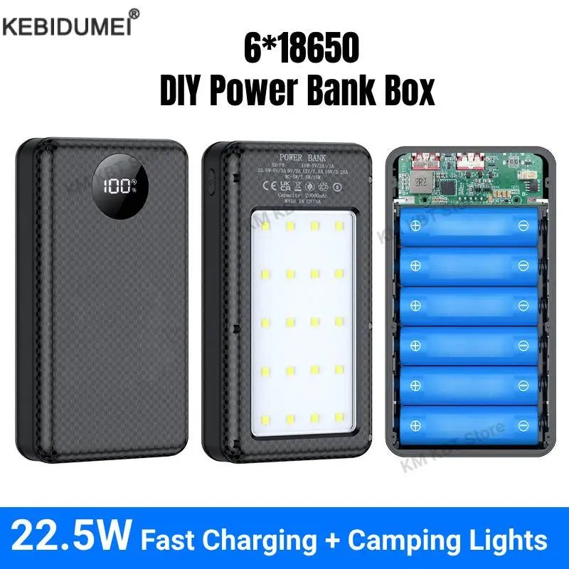 18650 Battery Holder 22.5W Fast Charging DIY Mobile Power Case Dual USB Type C Charge for iPhone Xiaomi With LED Light Outdoor